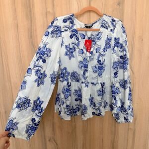 Women Floral Blouse M Blue White Peplum Button Long Sleeve Boho Coastal Romantic
